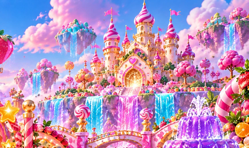 Candy-castle towers and strawberry balloons over rainbow sugar falls