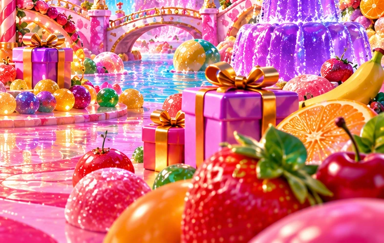 Wrapped presents, fruit and shiny sweets in the candy plaza