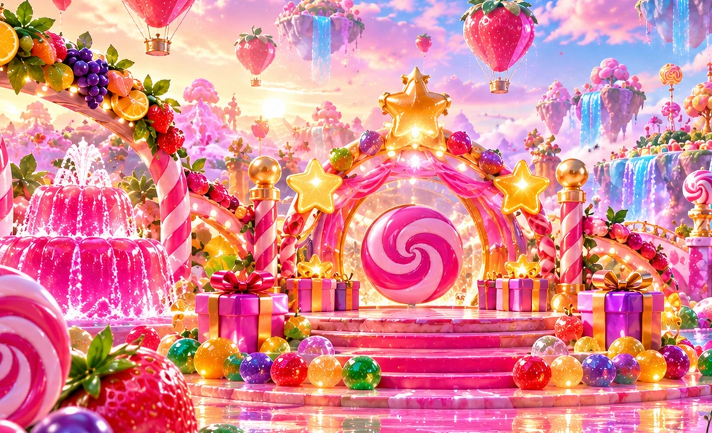 A close-up of the glowing lollipop arch and celebration stage