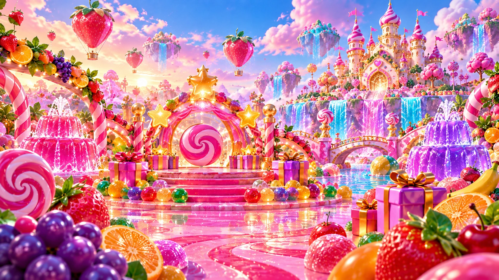 A colourful candy carnival with a lollipop arch, jelly fountains, fruit and gifts